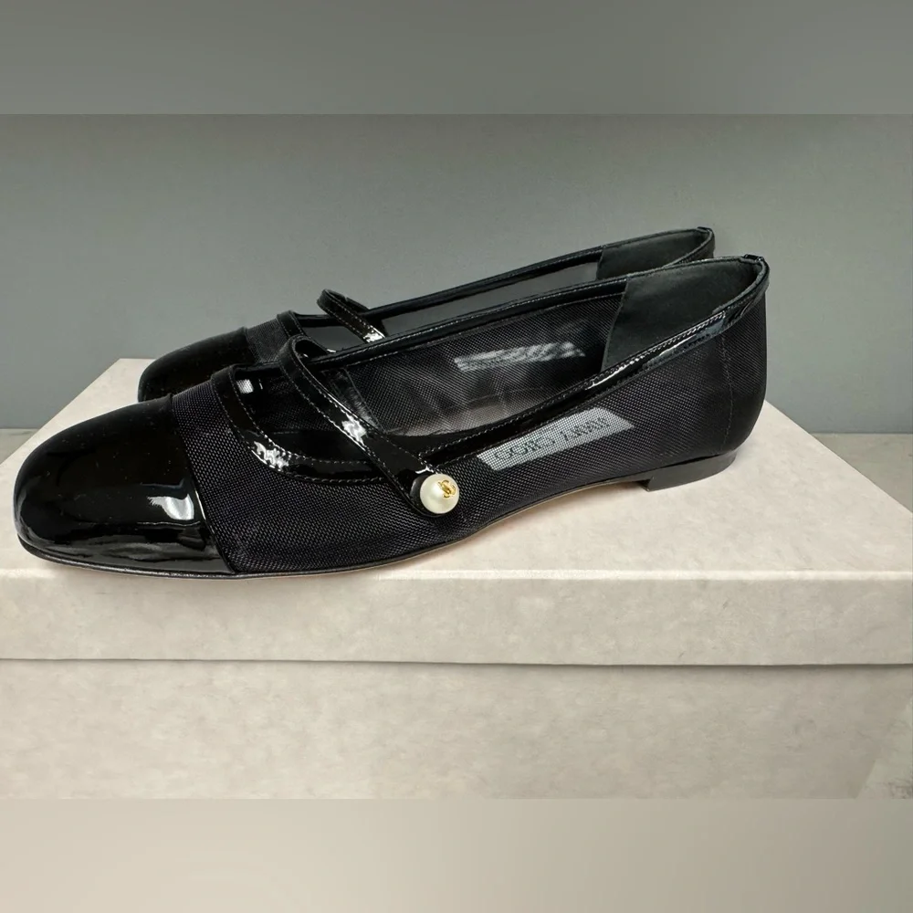 NIB- Jimmy Choo Black Patent Leather Elisa Flats with Pearl Accent
